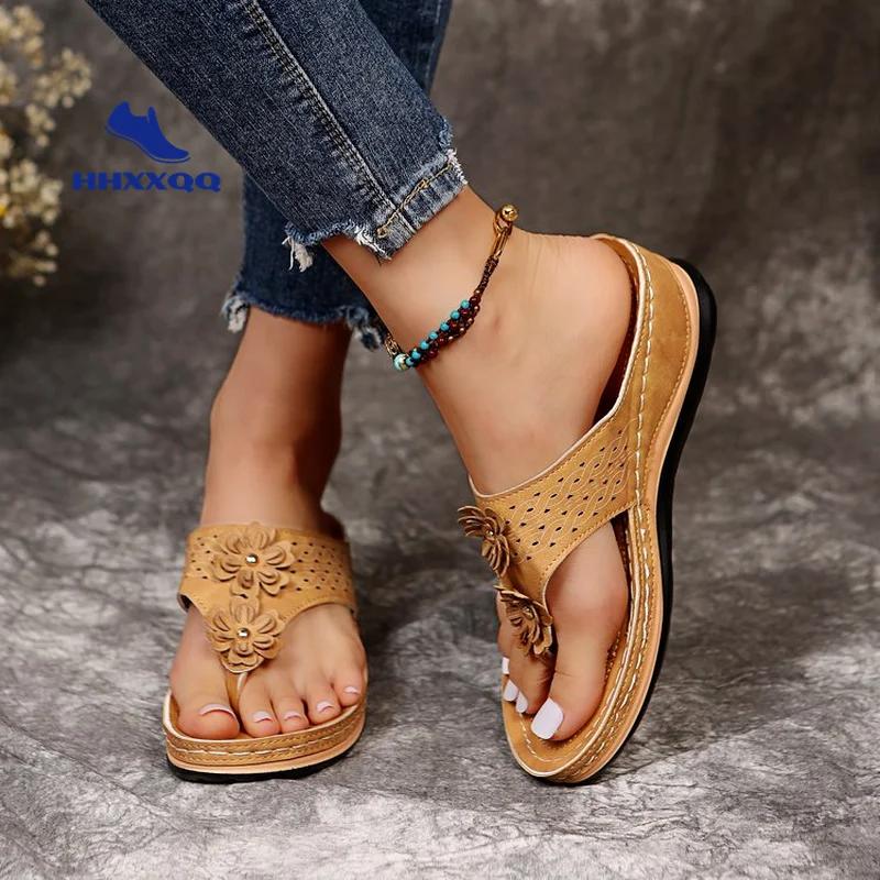 2021 New Summer Flower Women\'s Sandals Car Line Non-slip Beach Shoes Large Size Flip Flops Wedges Comfortable Sandals Women 43