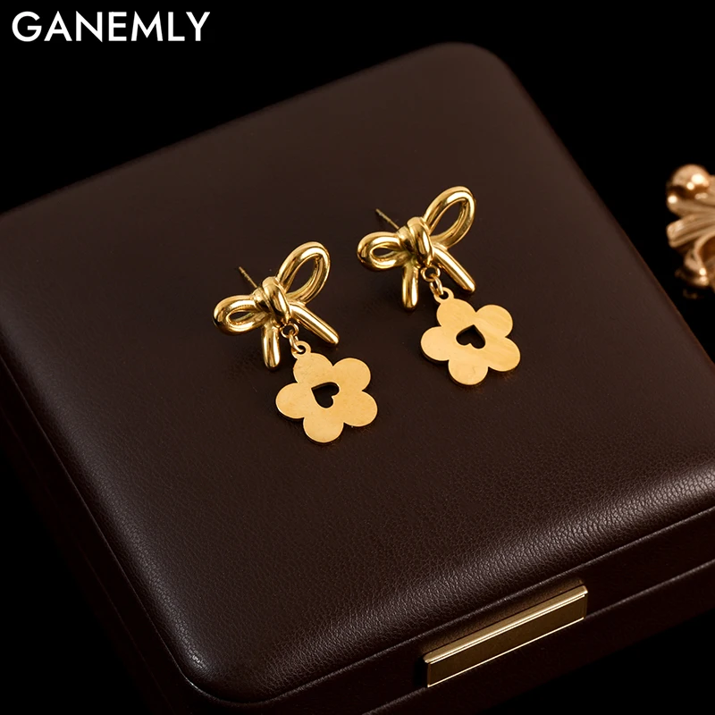 Серьги GANEMLY из нержавеющей стали 316L с бантом и цветком для женщин, модные изысканные серьги-подвески для ушей, искусственное украшение в подарок