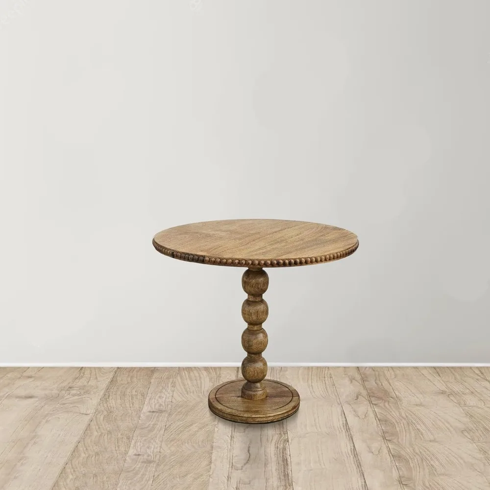 21 Inch Side End Table, Round Top, Stacked Ball Post, Natural Brown Mango Wood