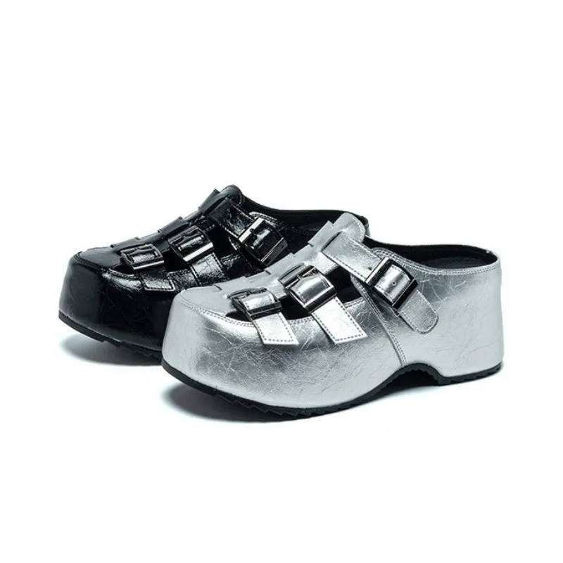 Mules de Plataforma Gruesa de 7 cm para Mujer, Zapatos de Cuero Genuino con Aumento de Altura, Ligeros, de Cuña, para Verano