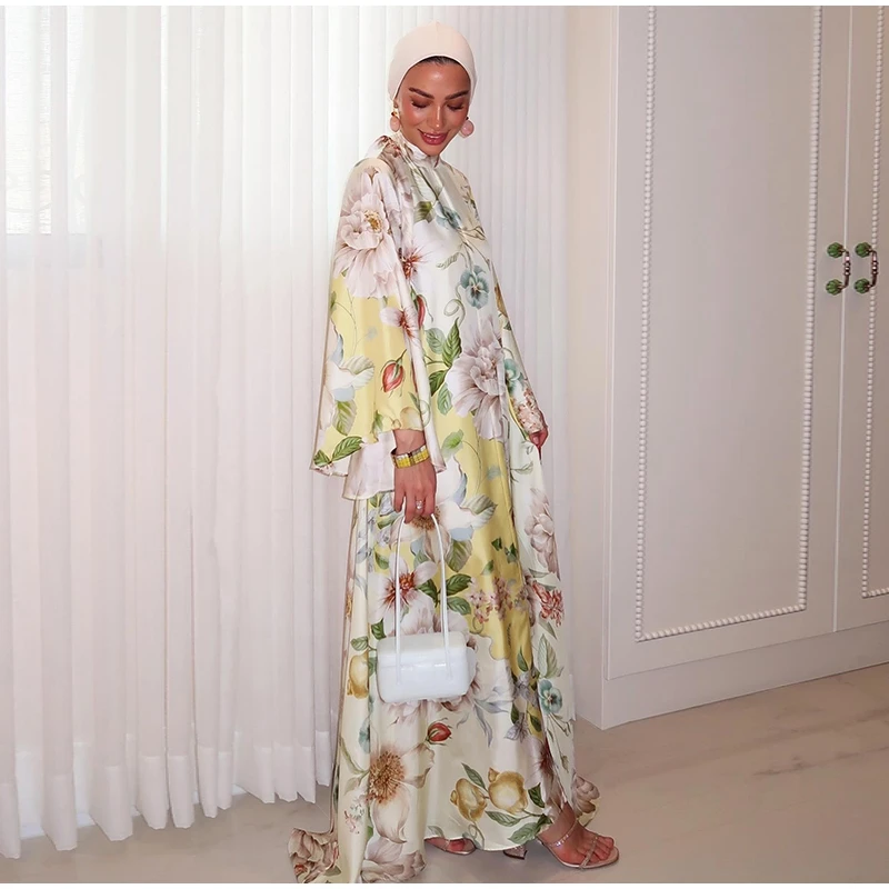 Elegant Floral Printed Women's Dress Stand Collar Full Puff Sleeve A-line Long Dresses 2026 Summer Vacation Party Lady Robes