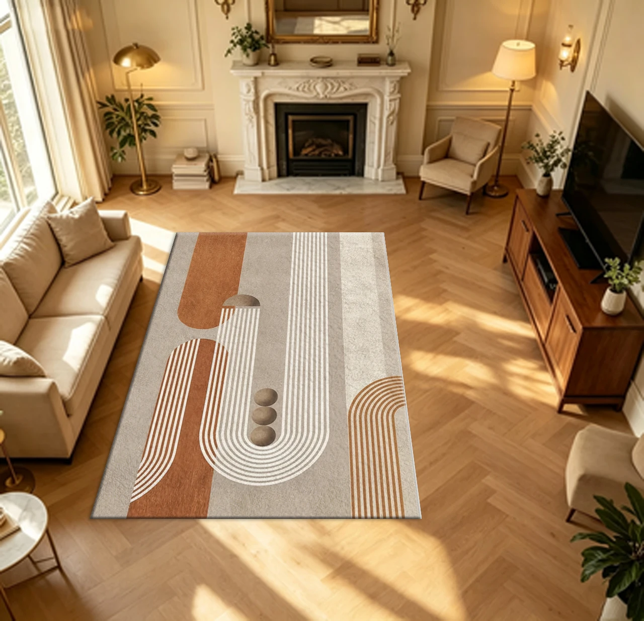 Boho Abstract Line Art Carpet Flooring Mid-Century Modern Decorative Large Rug for Living Space