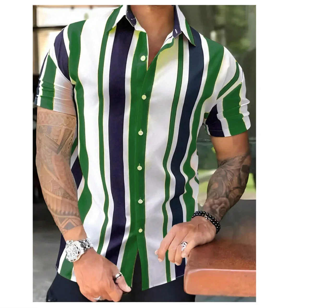 2024 Hawaiian shirt men\'s short sleeved striped patchwork lapel shirt summer fashion street high-quality comfortable clothing