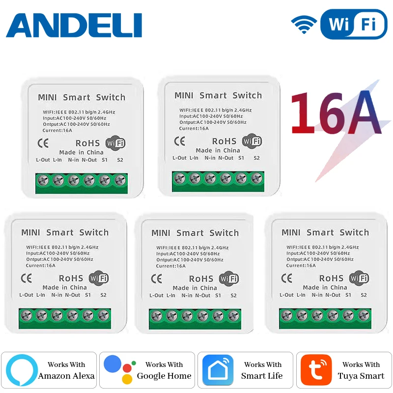 ANDELI-DIY WiFi 미니 스마트 조명 스위치, 16A 양방향 제어 Tuya/Smartlife APP 원격 제어 Alexa Google 홈 오토메이션