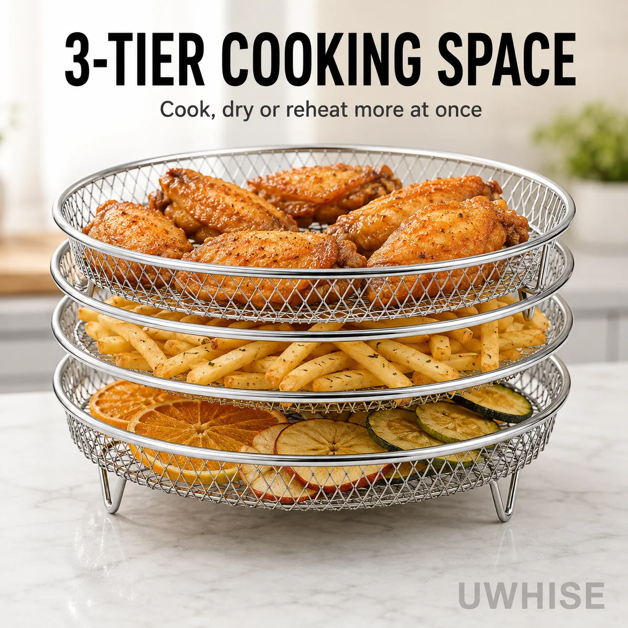 Uwhise Air Fryer Rack Accessories 3 Tier Stackable Stainless Steel Dehydrator Rack Round Square Oven Roasting Wire Basket