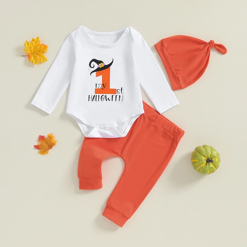 

2024-06-12 Lioraitiin 3-Piece Baby Boy Halloween Set Witch Hat Letter Number Print Long Sleeve Romper Long Pants Hat Outfits