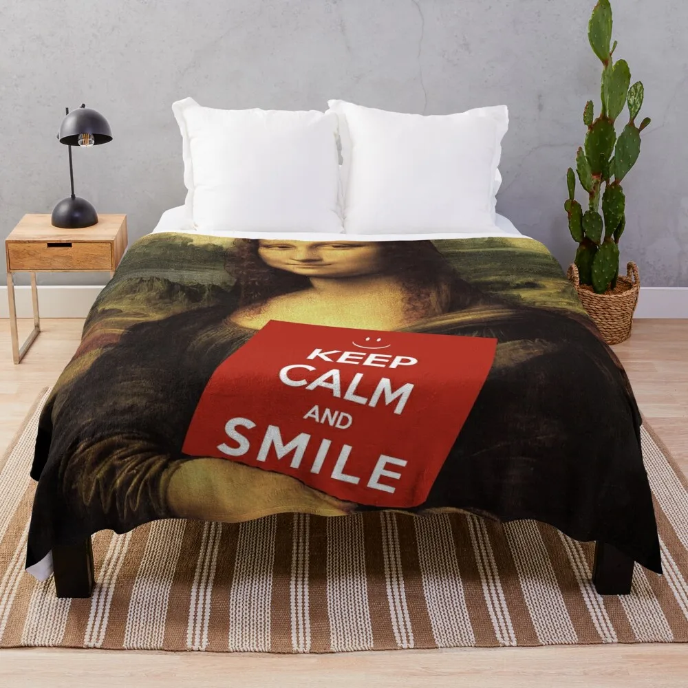 Mona Lisa Says: Keep Calm And Smile Throw Blanket Soft Big Travel for sofa Blankets