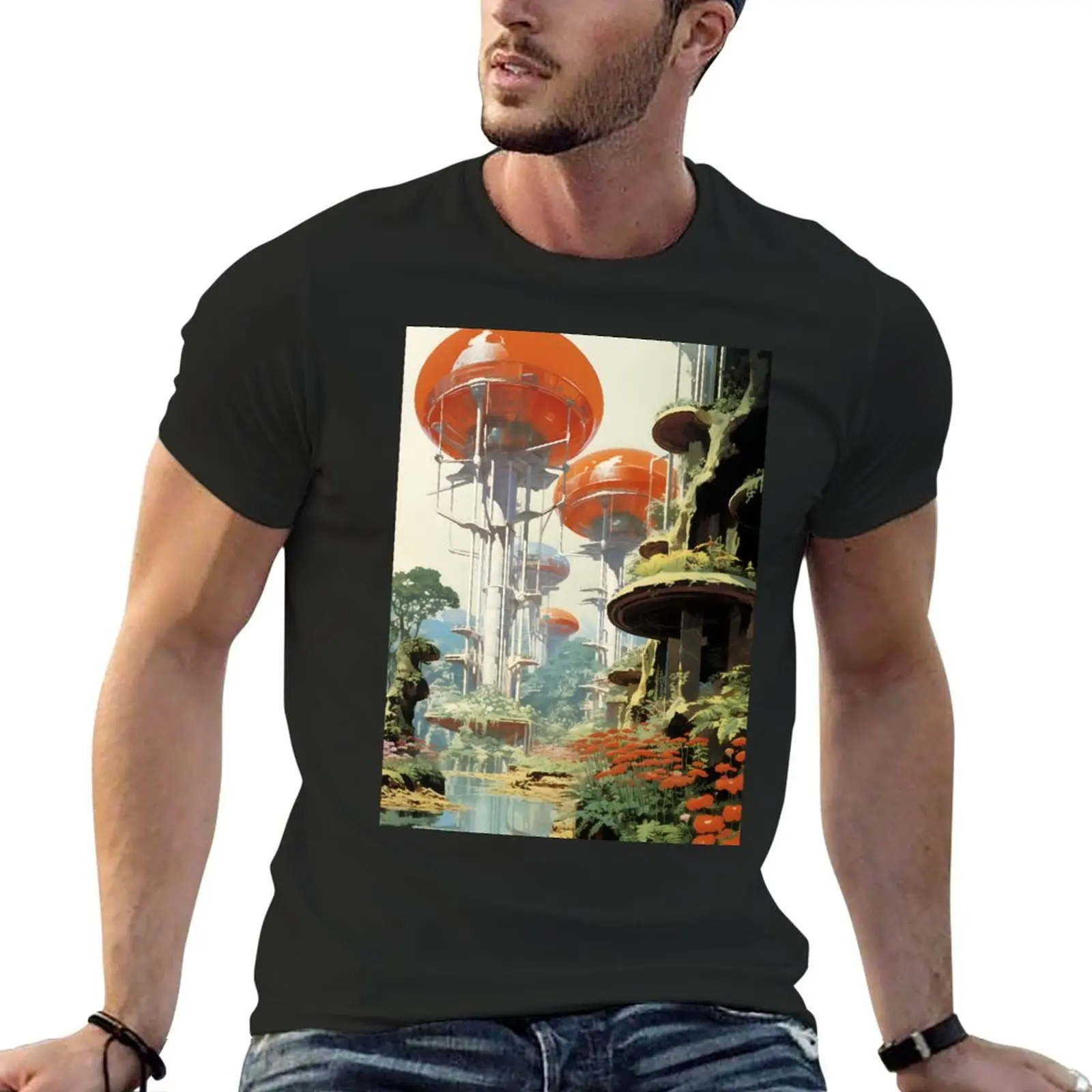 New Skyscraper City of a Futuristic Utopian World and Pure River Nature T-Shirt vintage clothes plus size tops t shirts for men