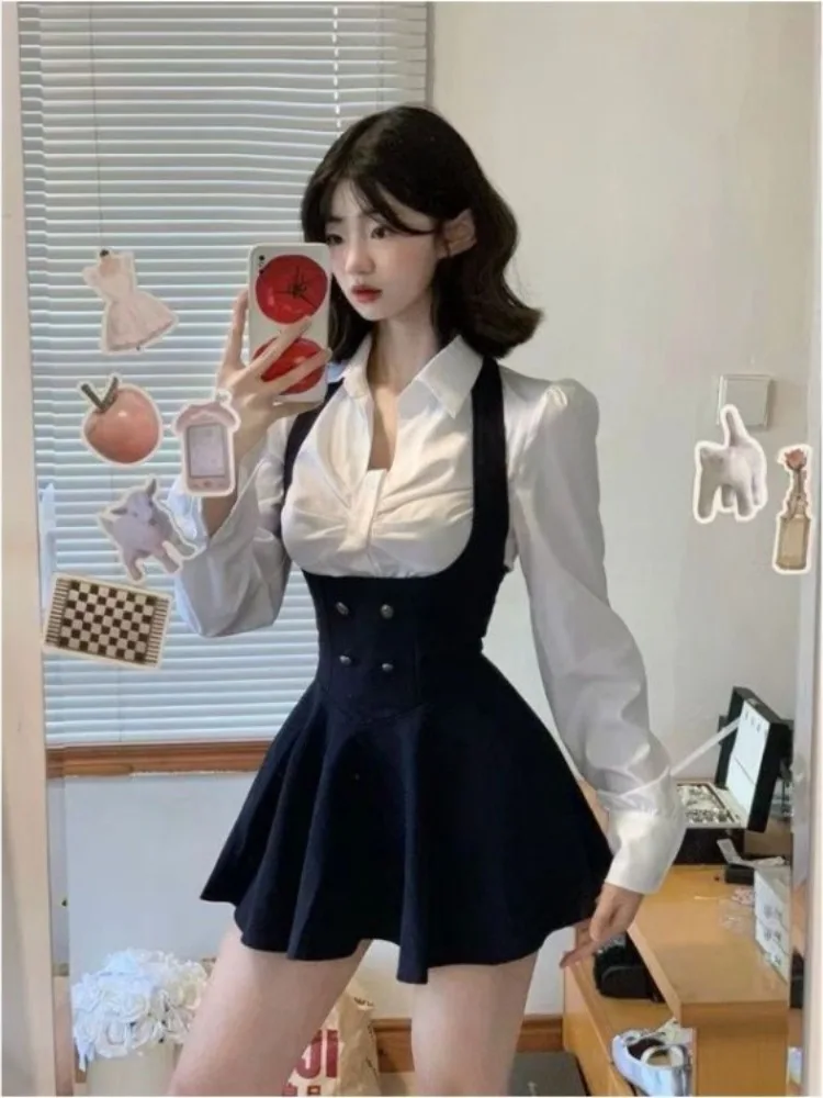 Simple Lapel Neck Ruched Long Sleeve White Shirts Women+ Y2k E-Girl Slim Waist Strap Dress 2024 Summer New Two Piece Sets