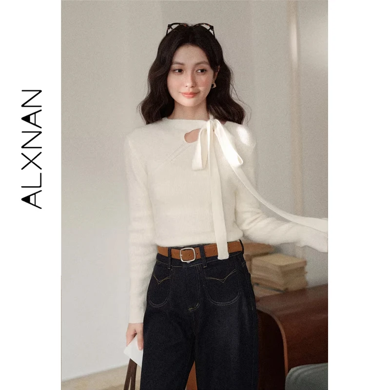 

ALXNAN Apricot Knit Sweater for Women French Style Base Layer Elegant Sweater with Hollow Bow Ribbon Pullover Ladies L59958