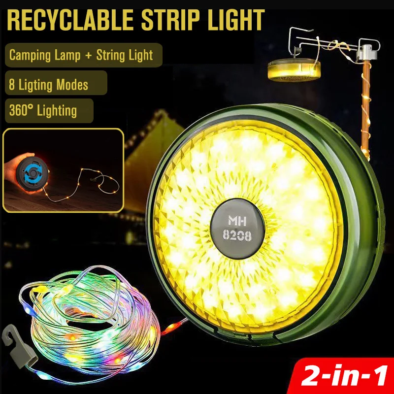 2-in-1 Rechargeable Camping Lamp Recycalable String Light Outdoor Tent Lantern RGB Atmosphere Strip Light for Tent Room Decor