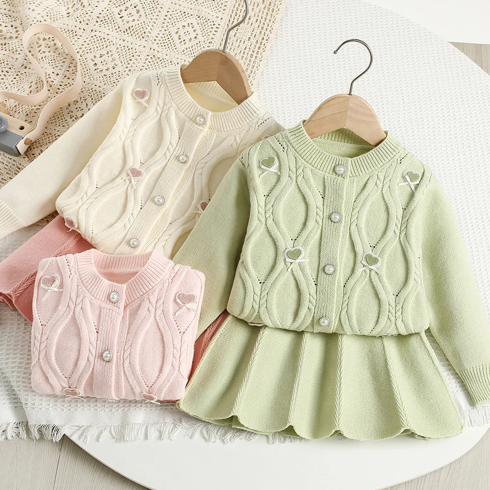 

MILANCEL New Autumn Kids Clothes Set 9M-5T Cute Solid Color Love Girls Sweater +Skirts Thin Children Outfit Suit Baby Knitwear
