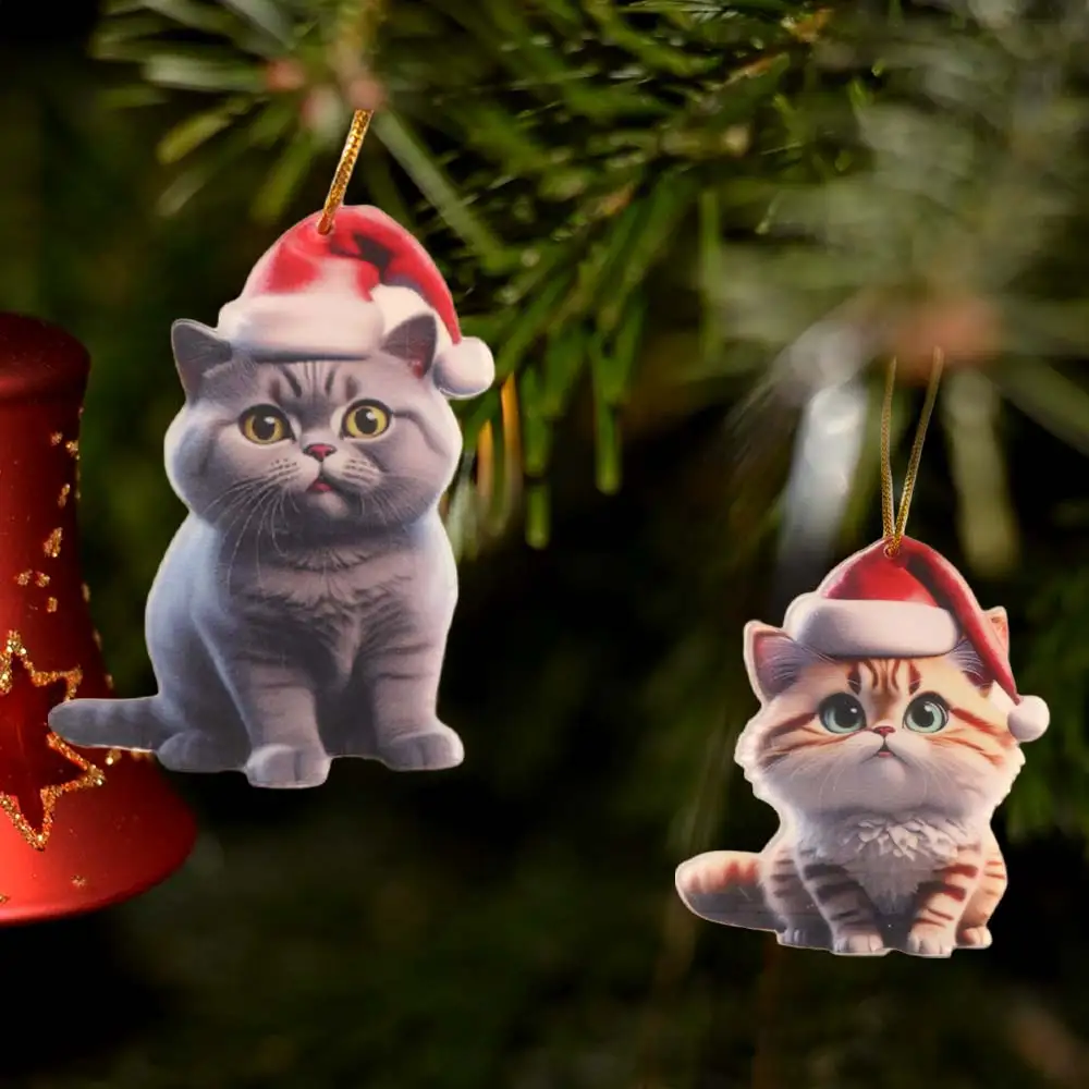 Acrylic Christmas Tree Pendant Hanging Animal 2D Flat Cat Christmas Hanging Cute Cartoon Xmas Tree Ornaments New Year Gift