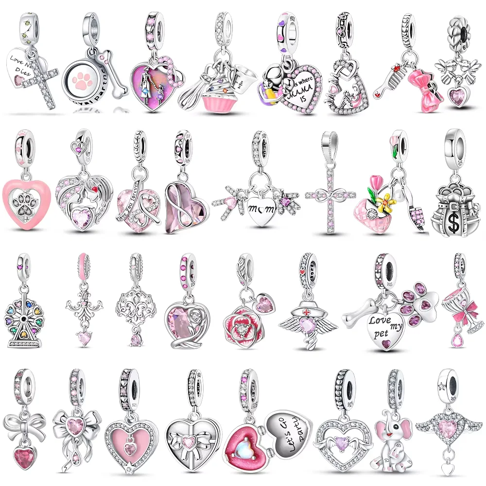 

925 Silver Color Trunk Heart Shape Bow Pink Charms Beads Fit 925 Original Bracelets Fine DIY Birthday Women Jewelry Gift