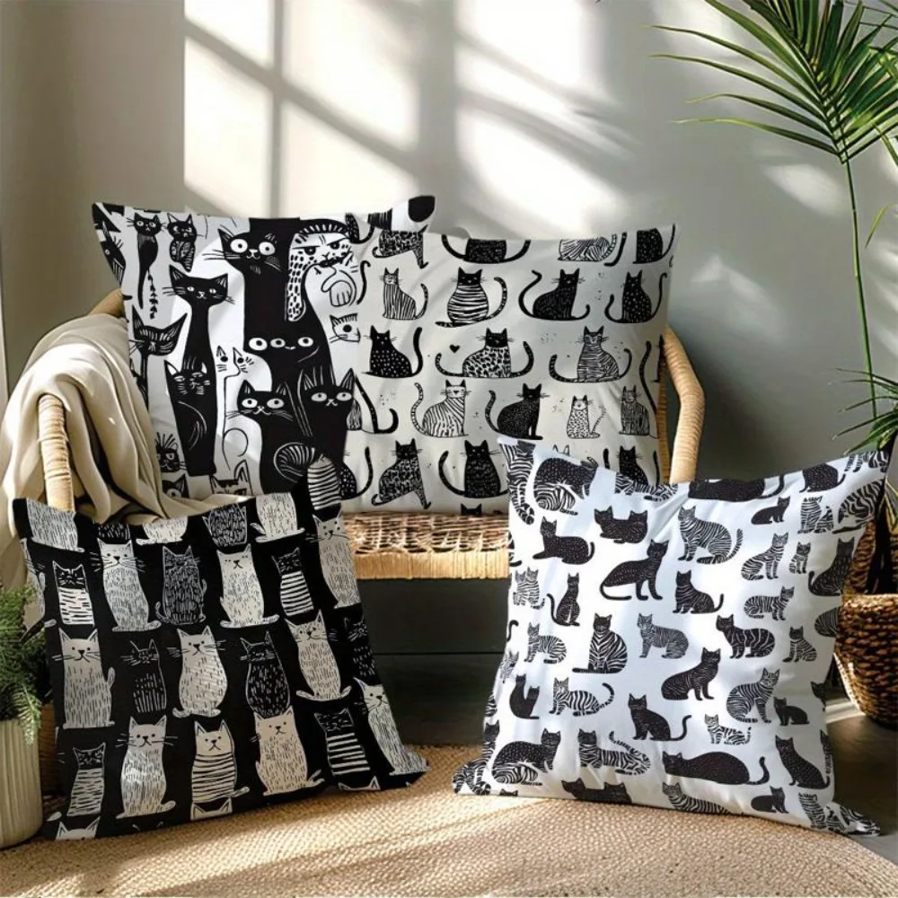 Simple black and white cat pattern Single-sided printing Short plush Suitable for living bedrooms sofas (excluding pillow cores)