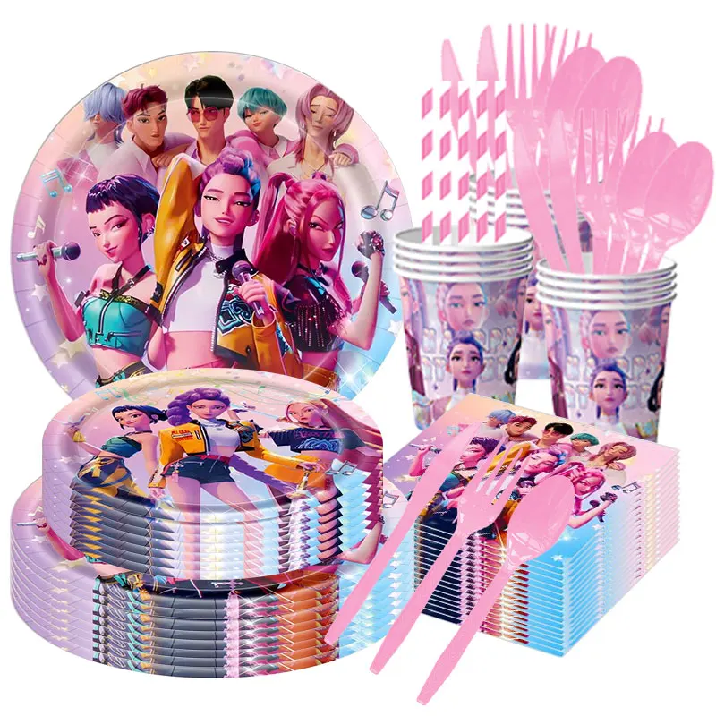 Decoración de cumpleaños Kpop, juego de vajilla de cazador de demonios, taza, plato, mantel, suministros de Anime Huntrix Kpop, bolsas con globos colgantes, pancarta