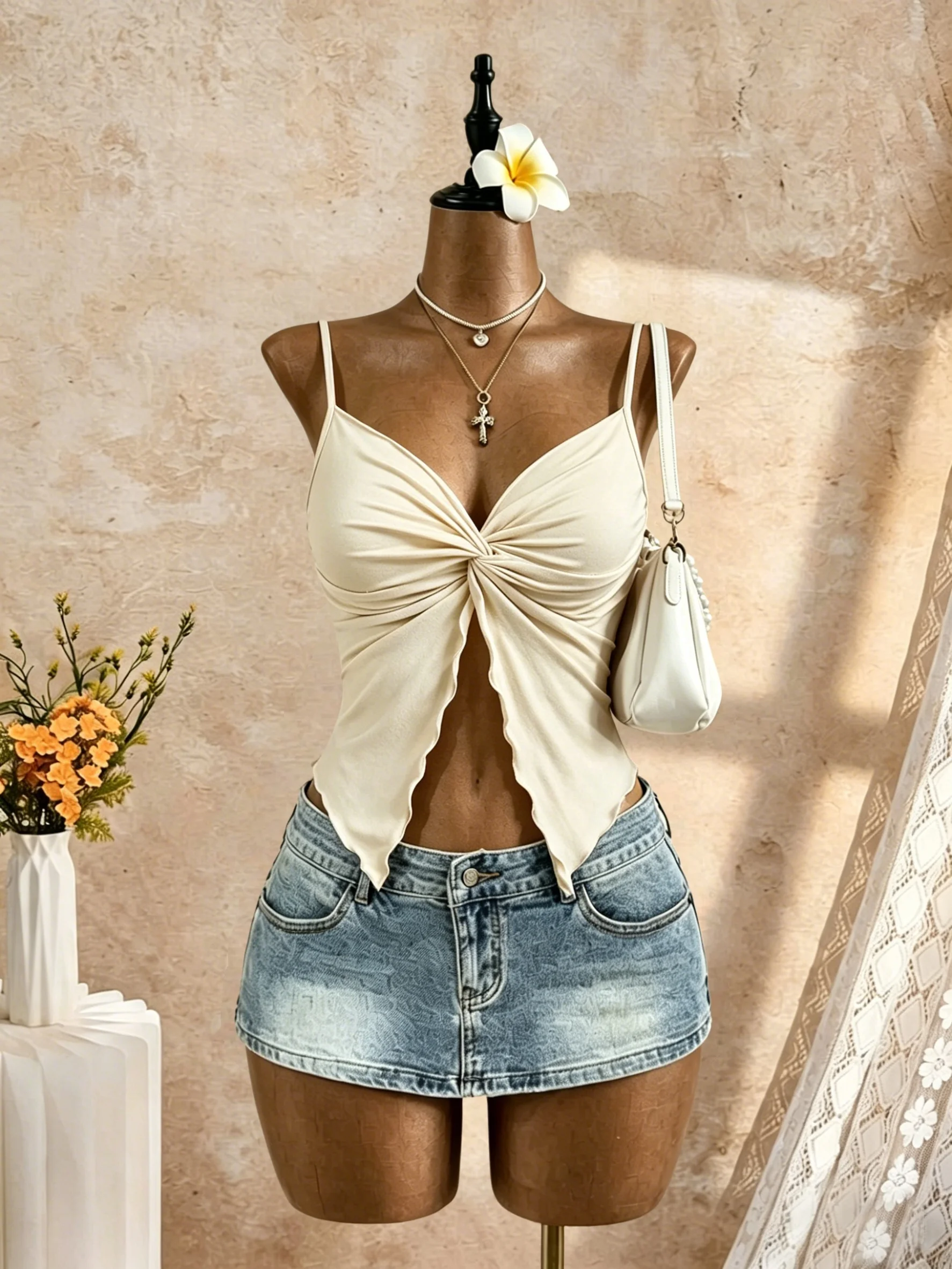 Damen Spaghetti-Träger V-Ausschnitt Twist-Front Cut-Out Rüschen Unregelmäßiger Saum Slim Fit Crop Cami Top 2026 Sommer Y2K Einfarbig Weiß Ärmellos – Detail 5