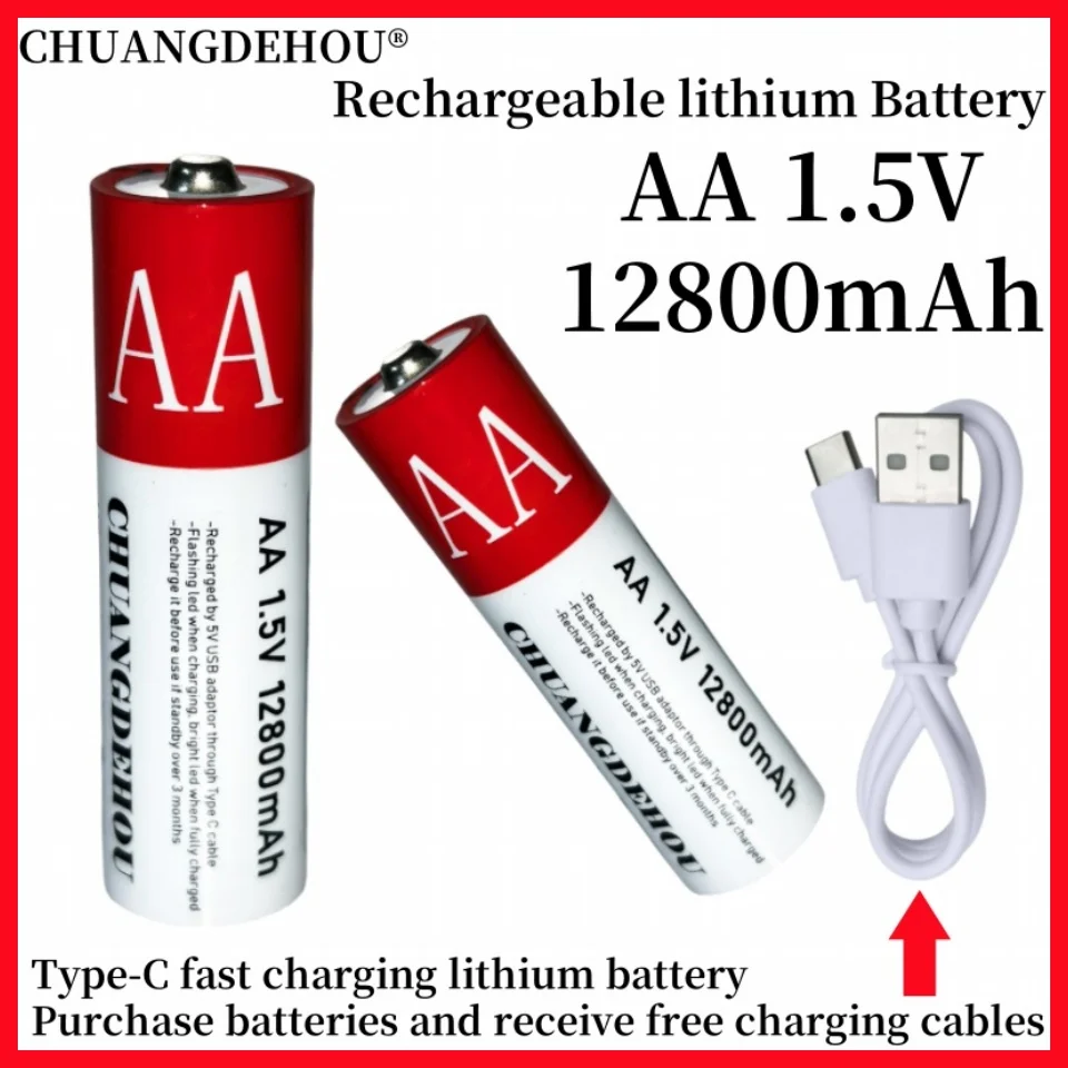 

Aa Rechargeable Battery 1.5V 12800Mah, USB Type-C Fast Charging, Recyclable 2000 Times, Suitable for Mouse/Toy/Digital Scale/Remote Control/Light + Free Charging Cable and Free Battery Box ﻿