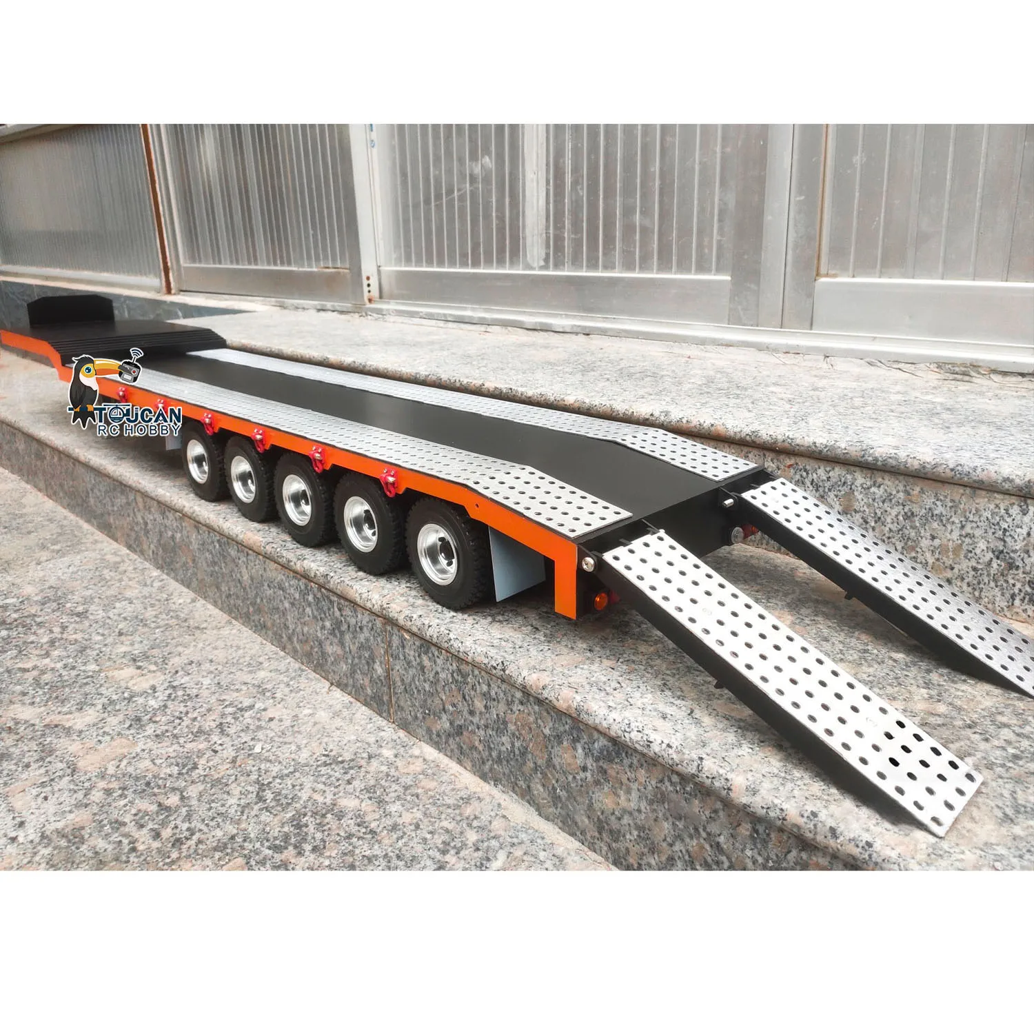 RC 5 Axles Metal Trailer with Electric Tail-board Lifting Legs 1/14 Battery for Radio Control Tractor Truck Car Model Toy