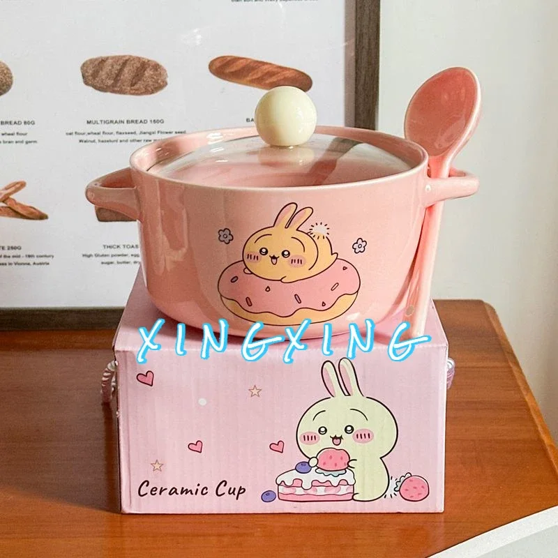 Cute Rabbit Ceramic Instant Noodle Bowl with Lid Spoon Instant Noodle for Student Dormitory Double Eared Luosifen Bowl Soup Bowl