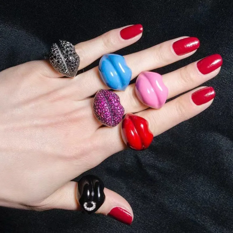 Colorful Oil Dripping Enamel Ring Irregular Crystal Lips Shaped Rings for Women Girls Sweet Cute Finger Jewelry Gift