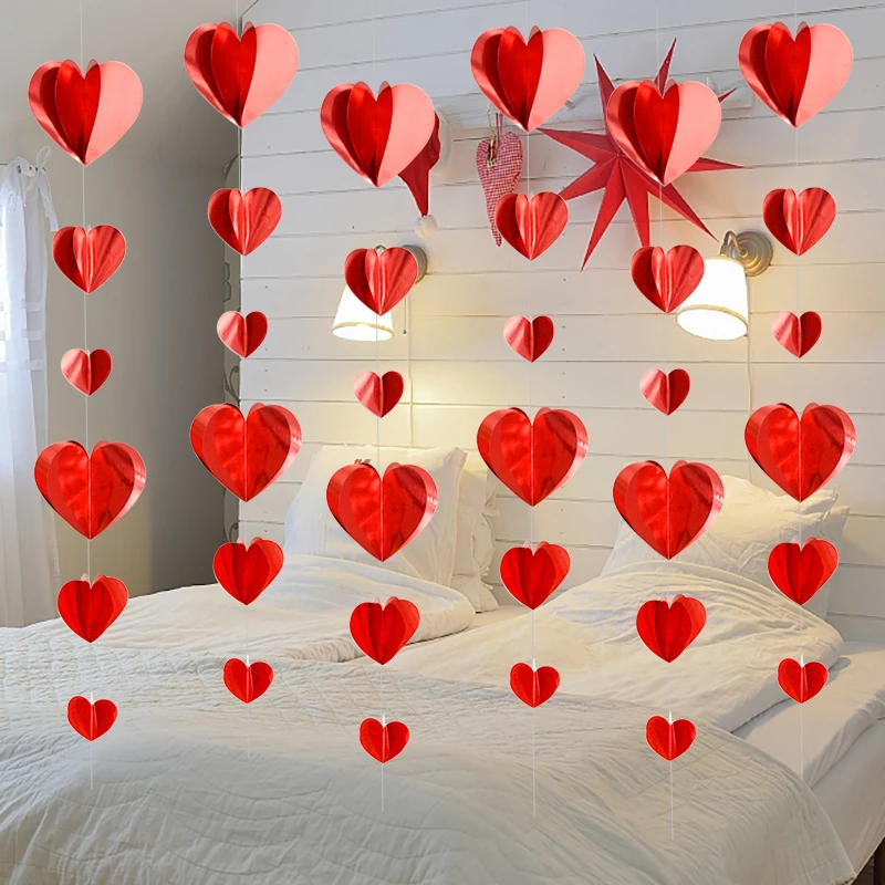 1.8m 3D Red Heart Banner Garland Valentine's Day Gold Heart Hanging Ornaments Streamer Banner Wedding Bridal Shower Party Decor