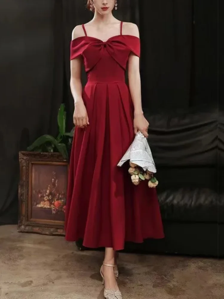 French Style Autumn and Winter Hepburn Waist Dress Red Suspender Middle Length Dress Engagement Anniversary Dress