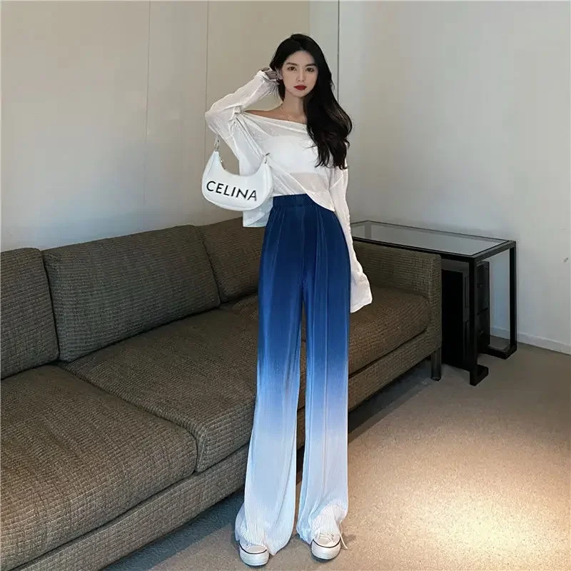 Black Straight Leg Women\'s Pants Elastic Waist High Gradient Clothing Blue Trousers for Woman Long Korean Fashion Autumn Nylon G