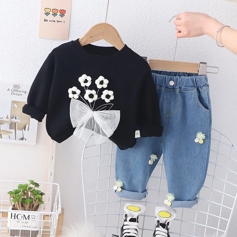 Baby Girls Bowknot T Shirt Floral Jeans Kids Clothing Sets Infant Clothes Outfits Spring Children Sportswear Princess Costume