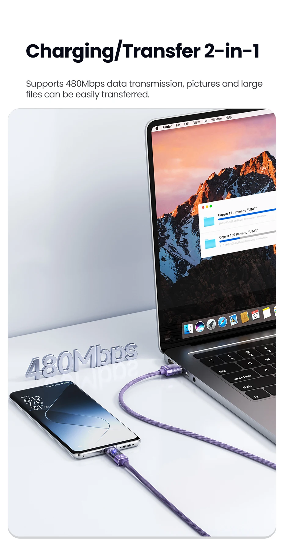 Toocki 100W USB-C-Kabel, 6A, QC4.0, Schnellladefunktion, intelligente automatische Abschaltung, Datenkabel für iPhone 15, Samsung Galaxy S23, S22, Huawei. – Detail 10