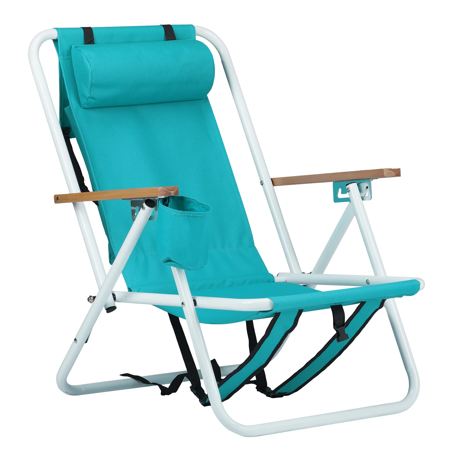 

Folding Beach Chair, 4 Position Portable Backpack Foldable Camping Chair with Headrest Cup Holder and Wooden Armrests, Green