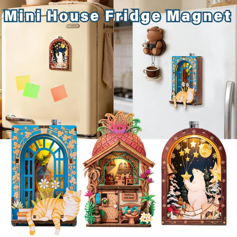 Creative Fairy Tale Mini House Fridge Magnet Wooden DIY Miniature House Model Refrigerator Magnet For Kitchen Decor Gift