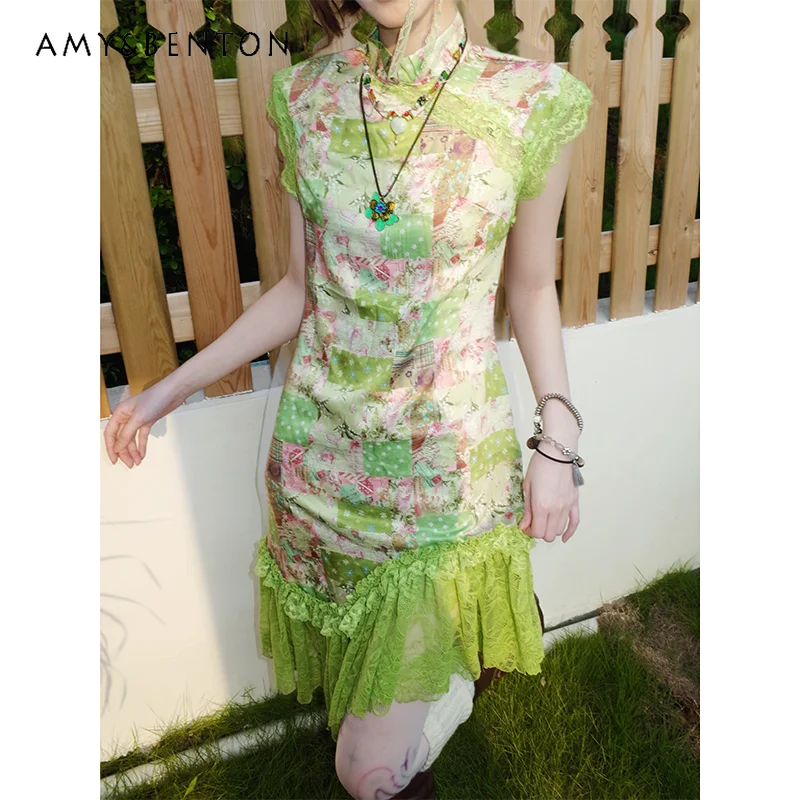 

Original Design Retro Green Lace Hollow Out splicing Women's Dress New Chinese National Cheongsam Sleeveless Tank Dresses Ladies