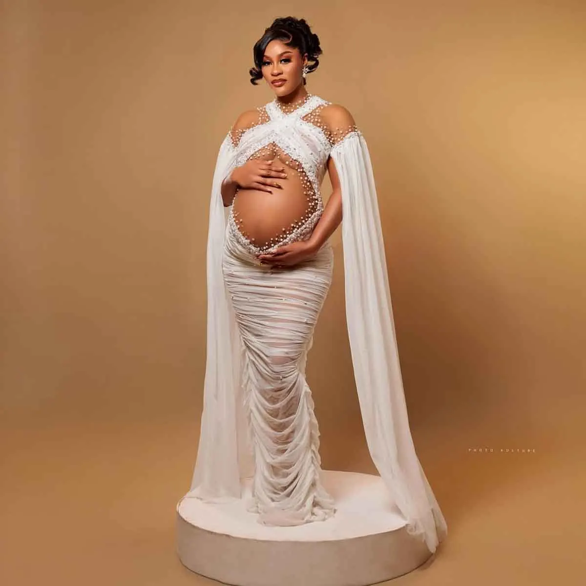 Luxury Pearls Maternity Dress Photoshoot Sheer Neck Cape Long Sleeves Unique Maternity Dresses Pleated Chiffon платье дл