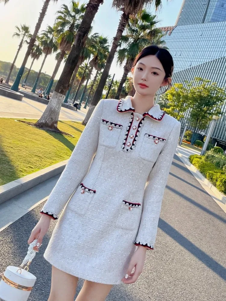 Office Ladies Slim Fit Elegant Tweed Dress Long Sleeve Spring Autumn Short A-Line Dresses Lapel High Waist Women Fashion Dress