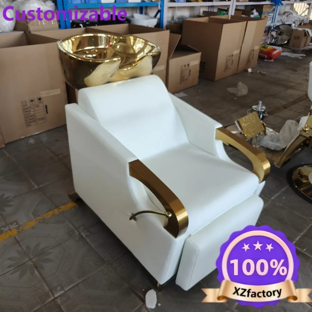 Customizable Modern White and Gold Bed Head Shampoo Chair for Hair Spa Salon and Beauty Salons with gold Basin