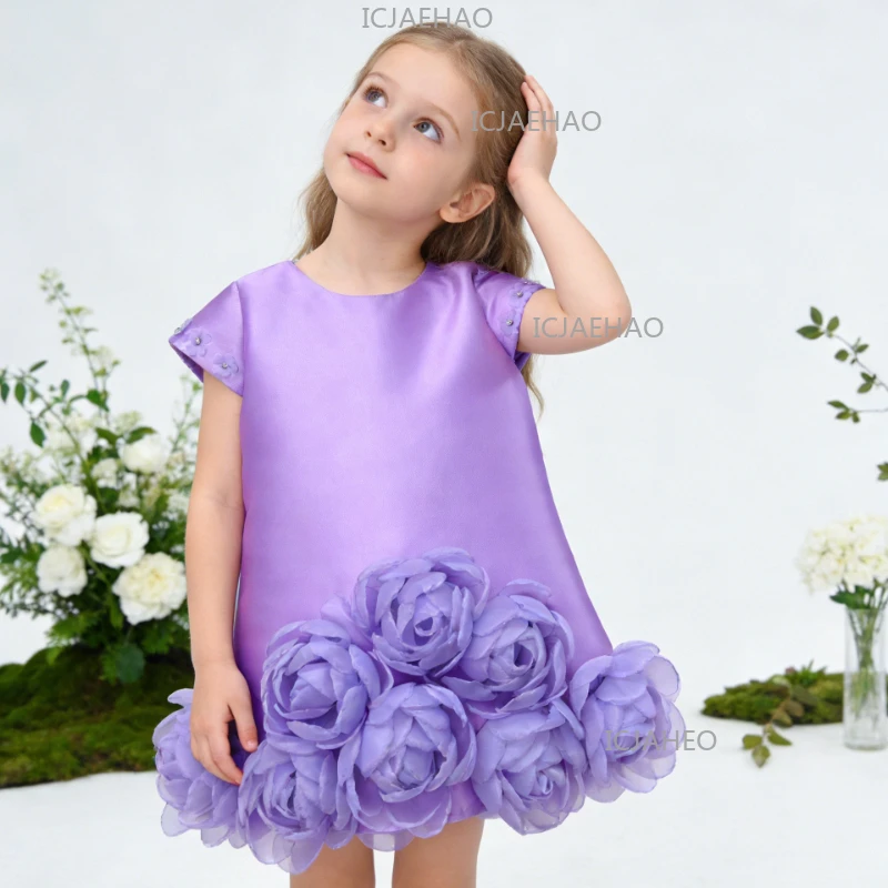 2026 New Kids Purple Dress Costume 3D Applique Floral Birthday Party Runway Princess Gown Children Elegant Formal Pageant Outfit