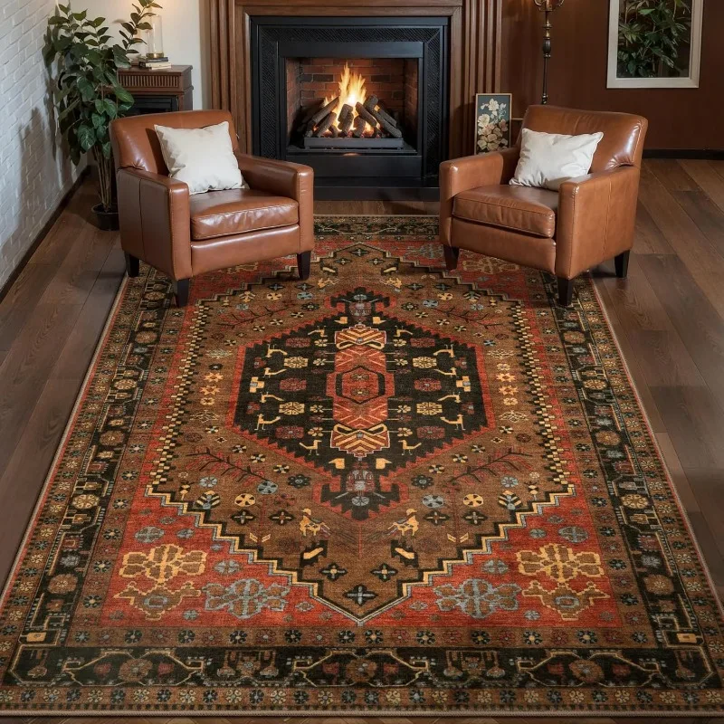 Vintage Persia Style Living Room Carpet Machine Washable Antislip Floor Mat Soft Rugs for Bedroom Bedside Geometric Print Design