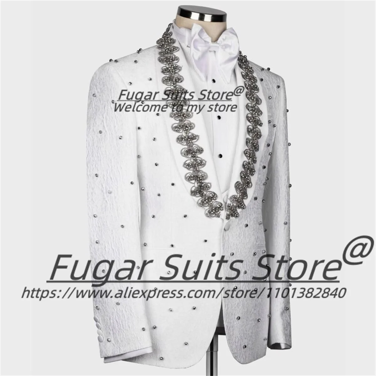 Luxuly White Crystal Embroidered Formal Men Suits Customized Slim Shawl Lapel Groom Wedding Tuxedos 3Pcs Sets trajes para hombre