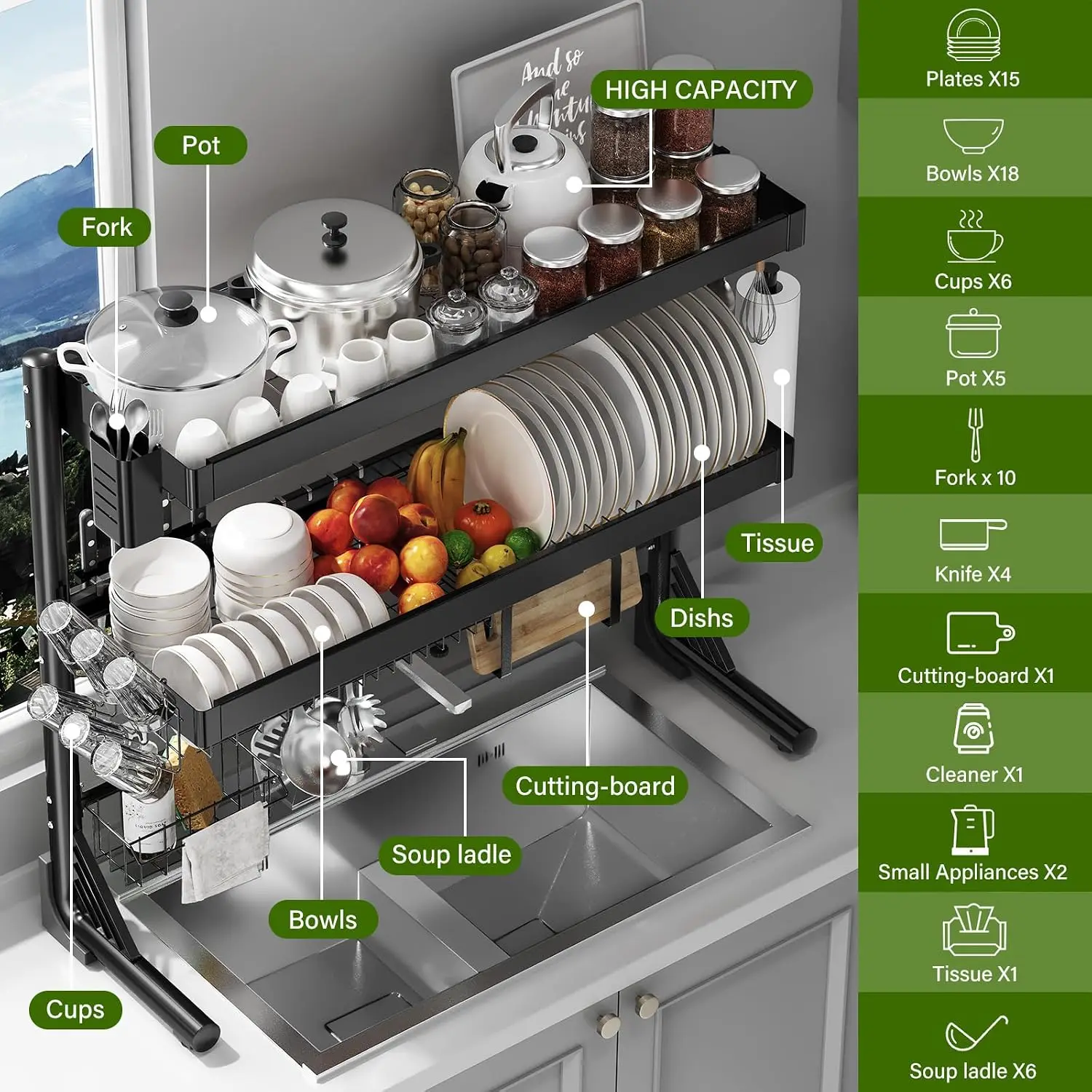 Over Sink Dish Drying Rack, 3-Tier Full Stainless Steel Drainer Dish Rack Adjustable 20.9''-37.4'', Expandable Multifunctional K