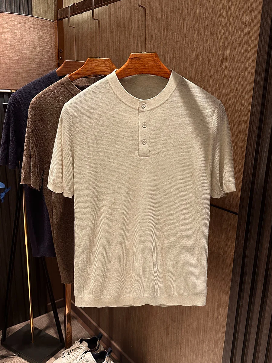 

High Quality Men's round Neck Knitted Short Sleeve T-Shirt Classic Linen Lenzing Blend Summer Breathable Slim Fit Casual Top