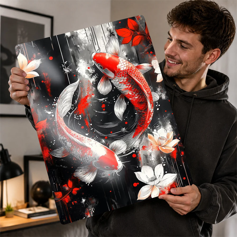 Three Koi With White Flowers Textured Metal Poster Watercolor Wall Art For Living Room Personalized Aluminum Sign Pet Lover Gift