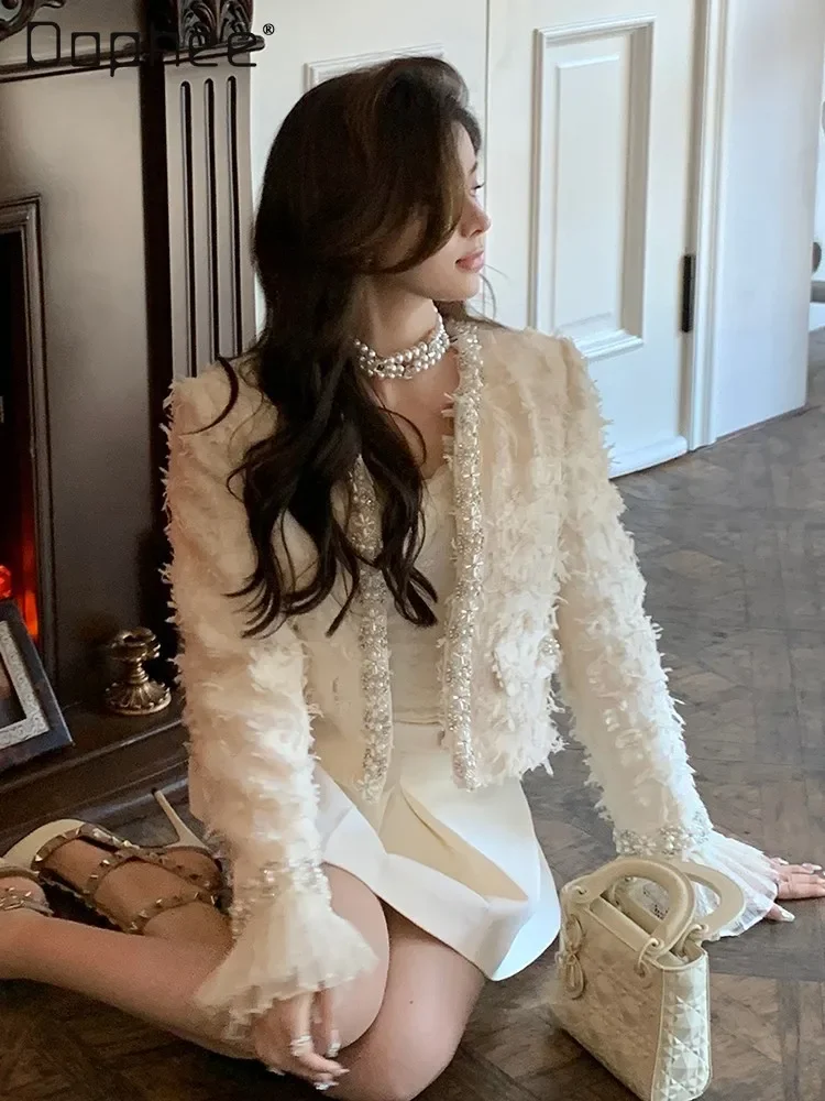 

White Beaded Short Jacket Women's Autumn Tassels Lace Patchwork Flare Sleeve Round Collar Cropped Tops Cardigan Elegant