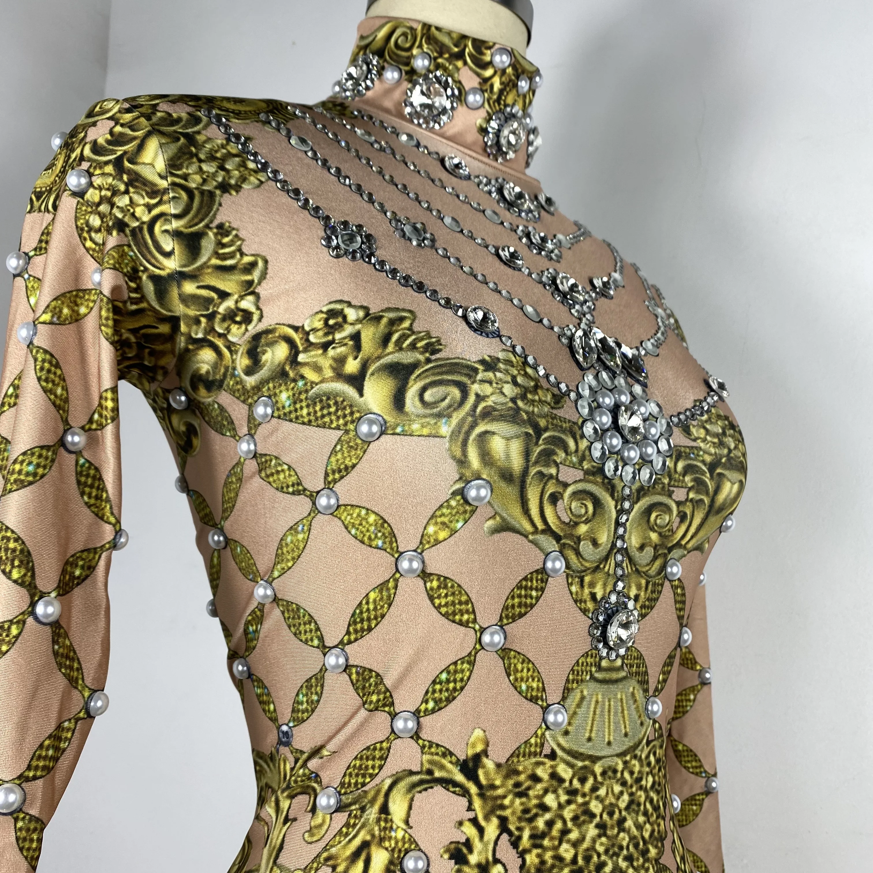 sexy nappe dorate strass abito a maniche lunghe drag queen costumi cantante festa compleanno club palco ​ abbigliamento da sera per festeggiare