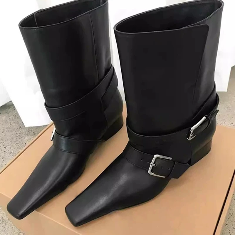 

Aneikeh Fashion Autumn Winter Women Ankle Boots Designer Strap Buckle Square Low Heels Shoes Ladies Modern Short Booties