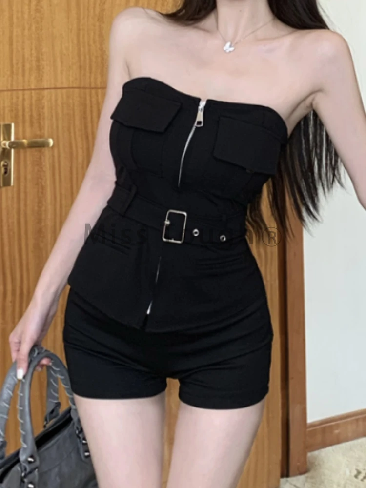 Summer Chic Slim Strapless 2 Piece Set Women Fashion Y2k Skinny Zipper Off Shoulder Tops Female + Sexy High Waist Short Pants