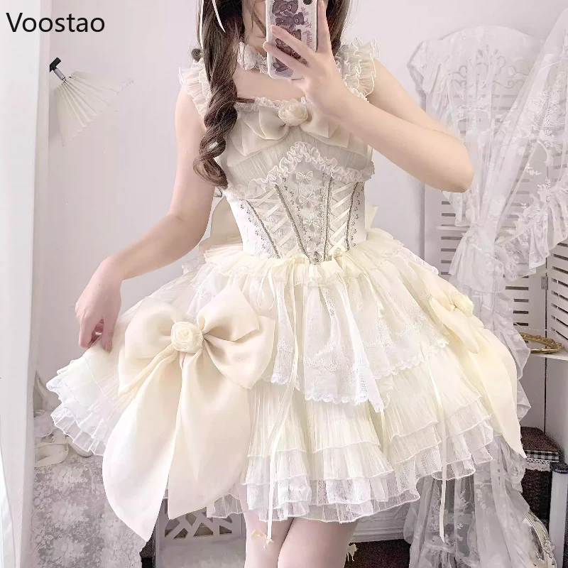 

Japanese Sweet Elegant Lolita Jsk Dress Women Vintage Y2k Wedding Princess Party Mini Dresses Kawaii Cute Lace Ruffles Bow Dress