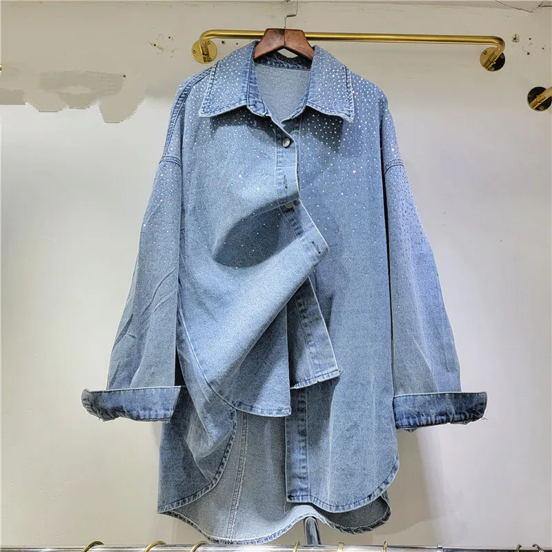 SuperAen Spring 2024 Hot Diamond Design Denim Shirt Coat Women's Casual Loose Shirt