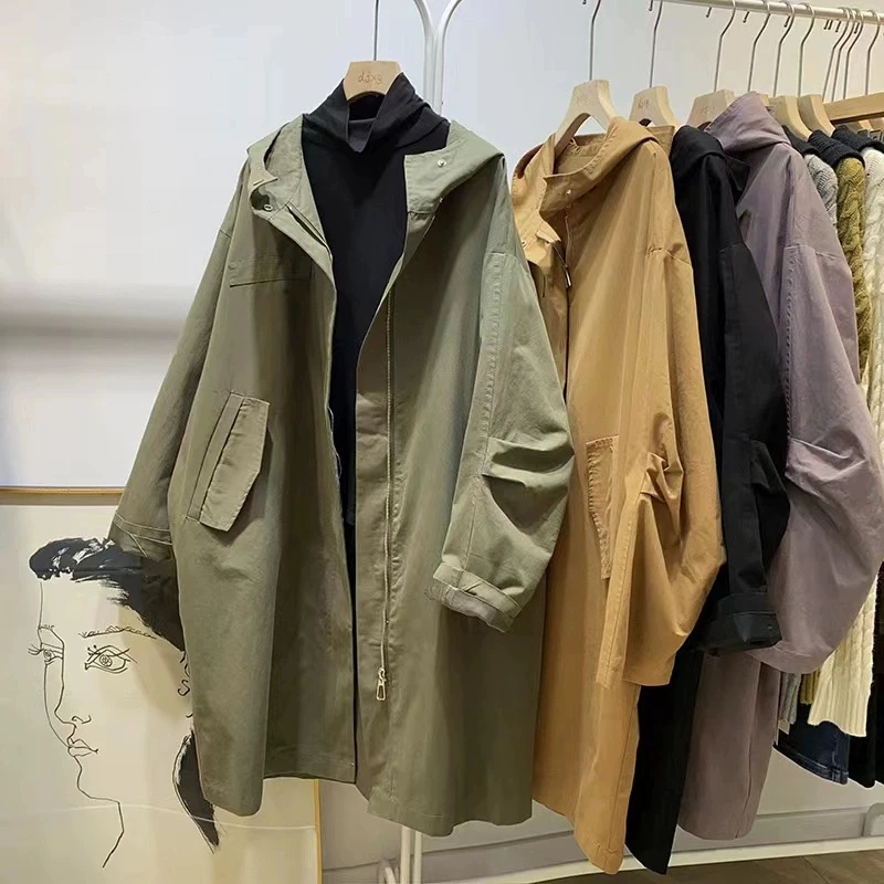 

SuperAen 2025 Autumn New Hooded Trench Coat Japanese Style Women Solid Color Zippers Fashion Mid-length Loose Coats