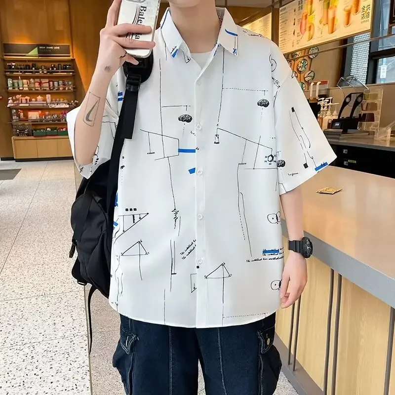 Summer New Graffiti Short Sleeved Shirt Men's Korean Fashion Loose Casual Half Sleeved Shirt Coat for Men Y2k Streetwear